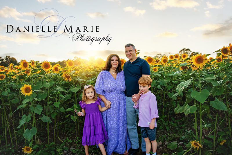 Family dressed in Purples and blues during their sunset sunflower photo session 